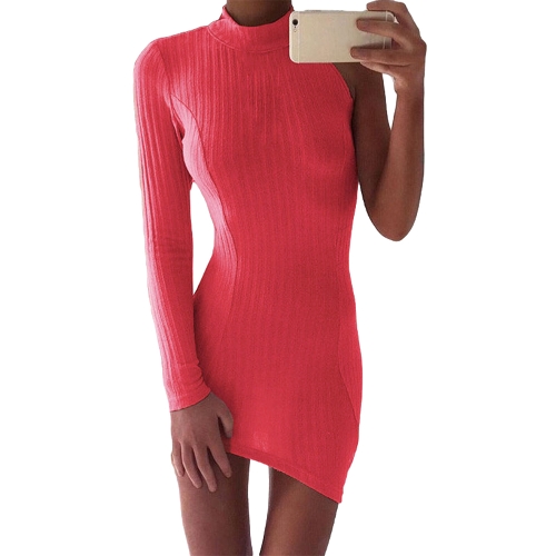 

Sexy Women Pencil Dress Solid Ribbed One Sleeve Asymmetric Turtle Neck Bandage Bodycon Mini Clubwear