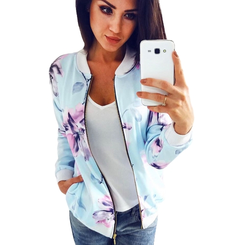 Autunno Inverno Donne Stampa Floreale Basic Cappotti Manica Lunga Zipper Bomber Giacca Casual Top Streetwear