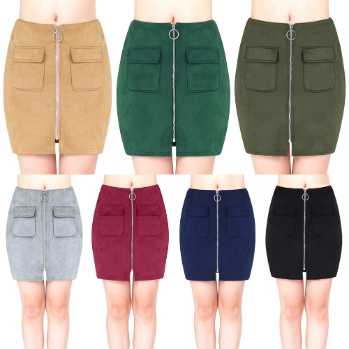 

Fashion Women Mini Suede Skirts Pocketed Zippered Front Party Short Sheath Suedtte Skirt