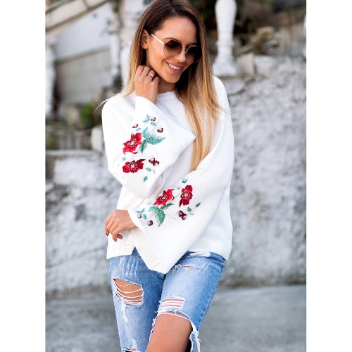 

Women Knitted Sweater Floral Embroidery Pullover Jumper Flare Long Sleeve Casual Loose Tops