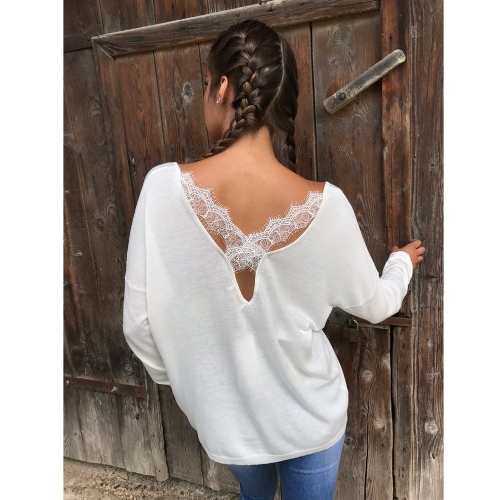 

Women Sexy Backless T-Shirt V Neck Long Sleeve Eyelash Lace Splice Casual Top Tee White/Black