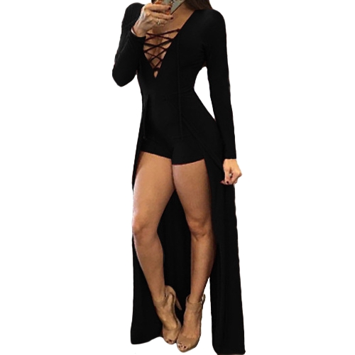 

Sexy Lace-up Jumpsuit Deep V Neck Skirt Bodycon Bodysuit Shorts Overalls Playsuit