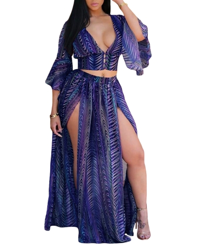 

Sexy Chiffon Contrast Печать Бохо Полу-Sheer Crop Top High Split Long Maxi Skirt Set