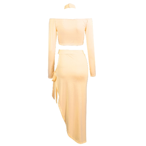 

Sexy Women Off Shoulder Two Piece Set Длинные рукава Tie Side Slit Асимметричные Party Club Платье Топ + юбка с Choker