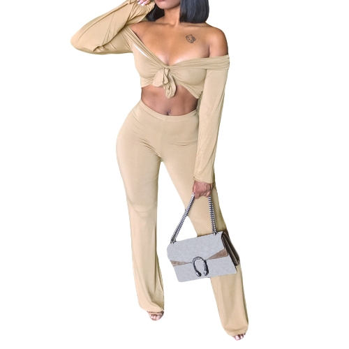 Sexy Women Two Pieces Off Shoulder Crop Top Bandage Bodycon Long Pants Sólidos Slim Club Suits