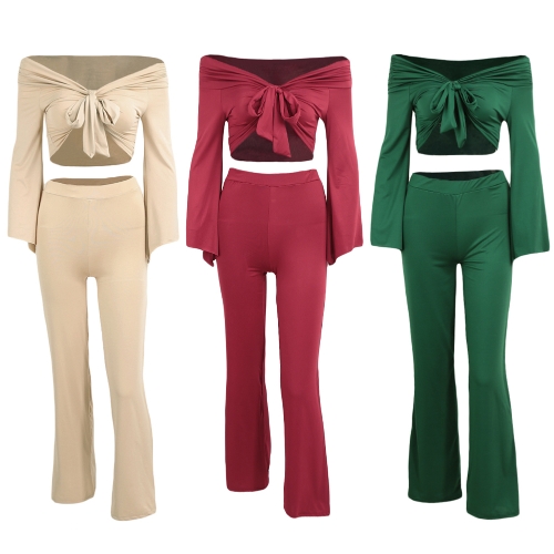 

Sexy Women Two Pieces Off Shoulder Crop Top Bandage Bodycon Long Pants Solid Slim Club Suits