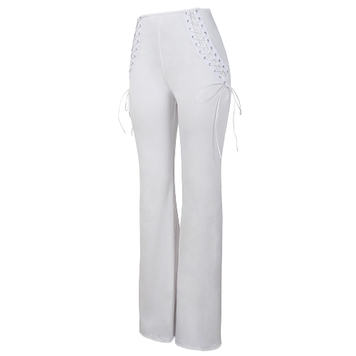 

Women Lace Up Wide Leg Pants High Waist Bell Bottom Flare Straight Evening Party Casual Long Trousers