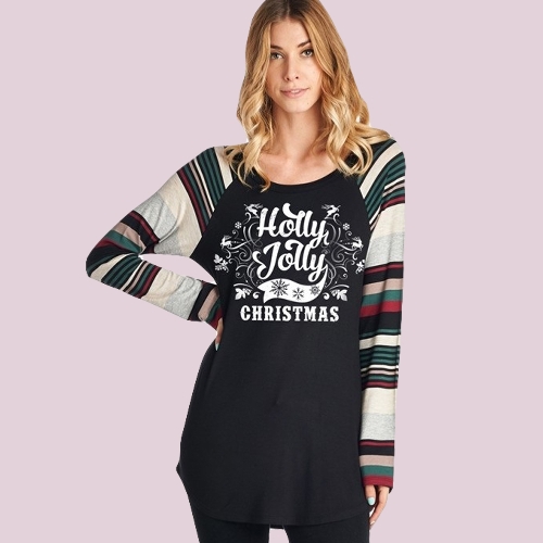 

Autumn Winter Women Christmas Snow Letter Print O Neck Pullover T-Shirt