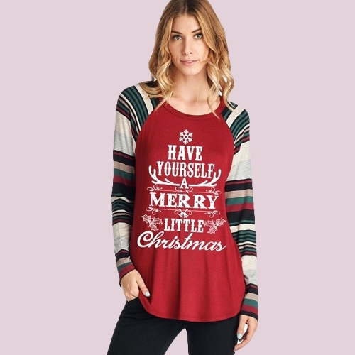 

Autumn Winter Women Christmas Snow Letter Print O Neck Pullover T-Shirt