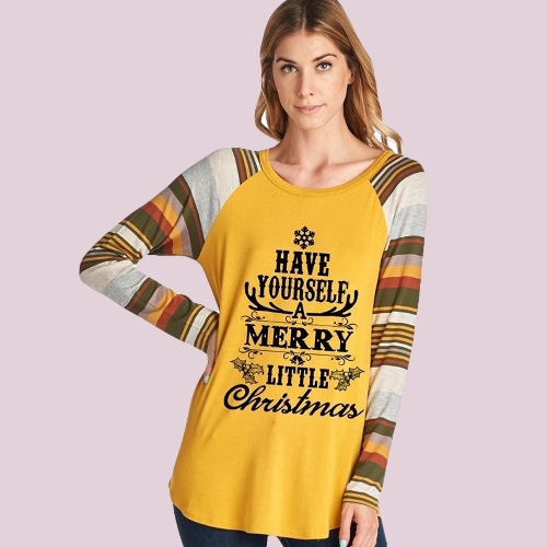 

Autumn Winter Women Christmas Snow Letter Print O Neck Pullover T-Shirt