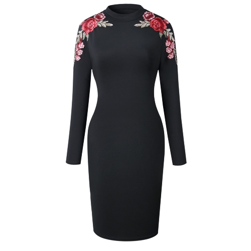 

Fashion Women Embroidery Flower Floral Sexy Midi Dress Long Sleeve Solid Party Club Bodycon Dress
