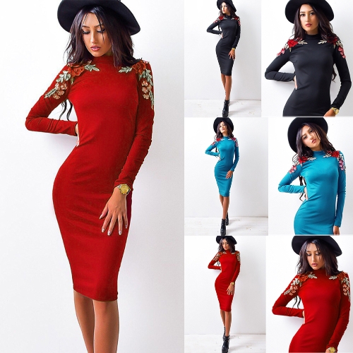 

Модные женские вышивки Цветочные Цветочные Sexy Midi платье с длинным рукавом твердых Party Club Bodycon платье