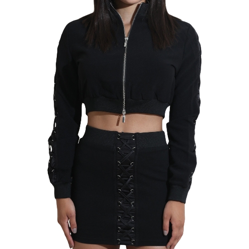 

Sexy Women Two Piece Set Lace Up Stand Collar Long Sleeve Crop Top Mini Pencil Skirt Set Black/White