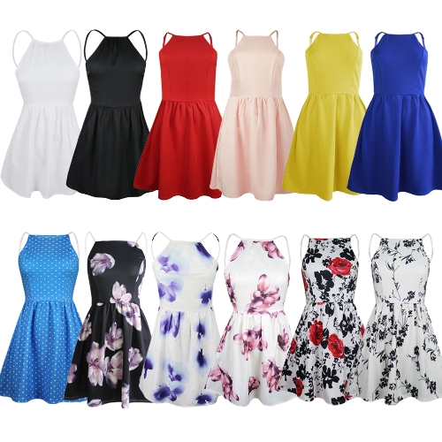 

New Sexy Women Mini Slip Dress Backless Spaghetti Strap Solid Floral Slim Ruched Party Skater Dress