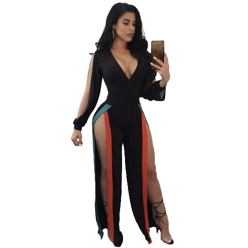 Sexy Women Jumpsuit Stretchy Deep V Neck Colorful Stripes Split Cut Out Long Sleeve Bodycon Clubwear