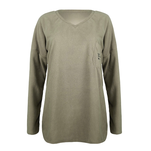 

Women Sexy Warm Sweatshirt Fleece Chest Pocket V Neck Long Sleeve Loose Casual Pullover Top Grey/Army Green