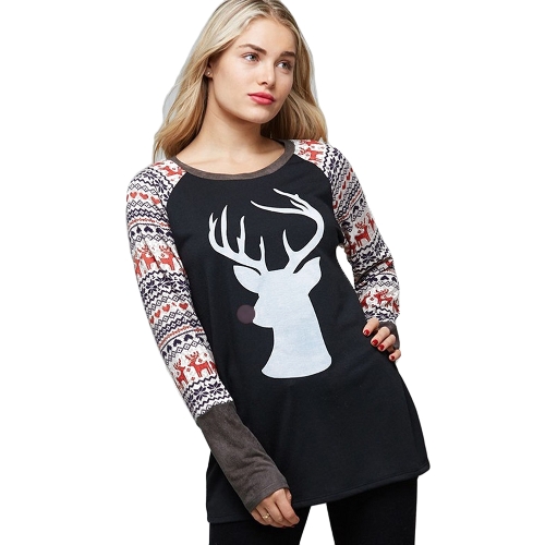 

Autumn Women T-Shirt Christmas Reindeer Print O-Neck Long Sleeve Shirt Casual Tee Top Black/Light Coffee/White