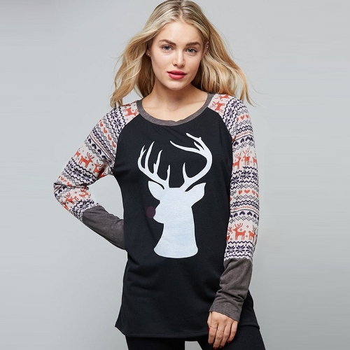 

Autumn Women Christmas Reindeer Print O-Neck Long Sleeve Shirt T-Shirt