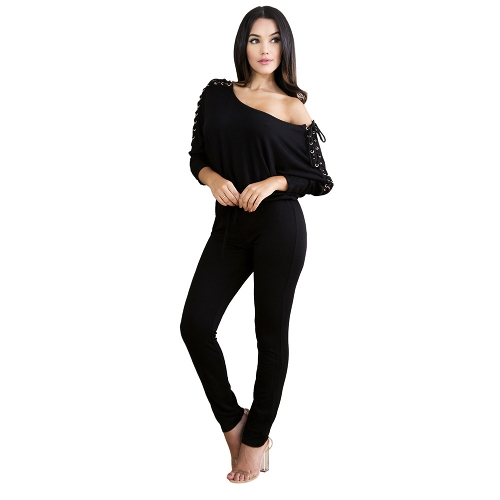 

Solid Off Shoulder Jumpsuit Lace Up Bandage Bodycon Clubwear Romper Playsuit