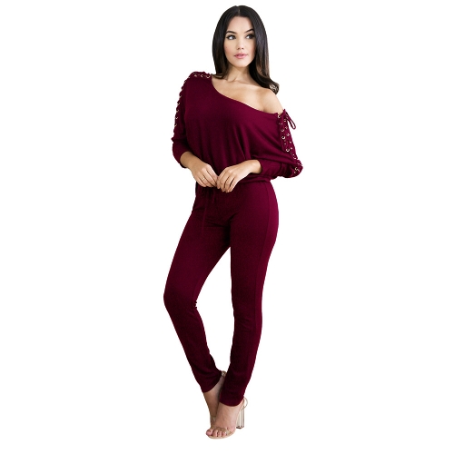 

Solid Off Shoulder Jumpsuit Lace Up Bandage Bodycon Clubwear Romper Playsuit