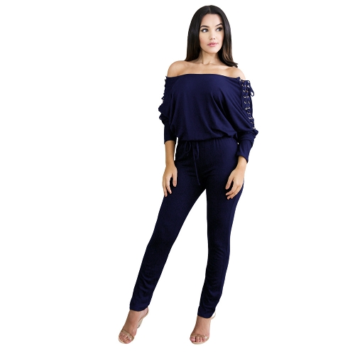 

Solid Off Shoulder Jumpsuit Lace Up Bandage Bodycon Clubwear Romper Playsuit