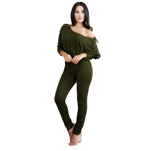 

Solid Off Shoulder Jumpsuit Lace Up Bandage Bodycon Clubwear Romper Playsuit