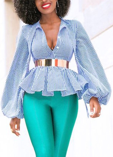 

Women Blouse Plaid Long Sleeves V-Neck Bandage Ruffle Casual Elegant Top Shirt