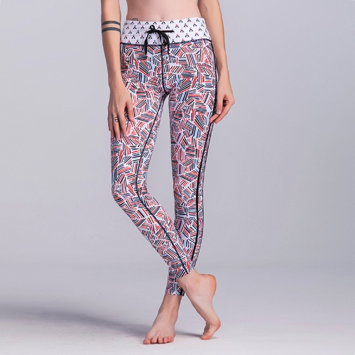 

New Women Sport Yoga Leggings Contrast Color Stripe Geometrical Fitness Gym Running Bodycon Pants Red