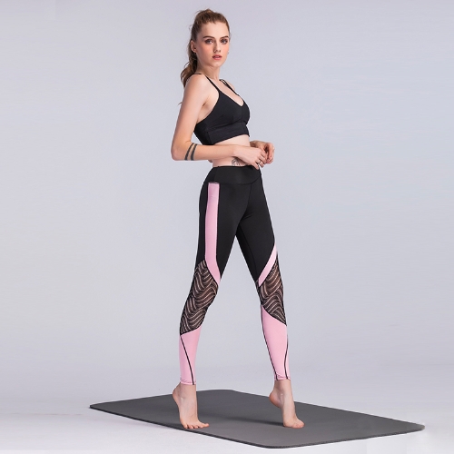 

Women Sport Leggings Crochet Lace Splicing Color Block High Waist Skinny Stretch Casual Gym Yoga Pants Black