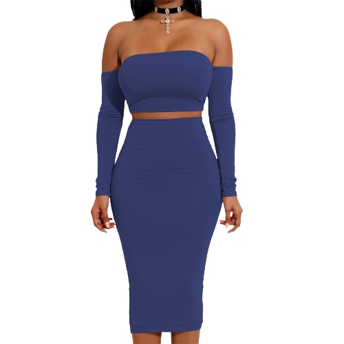 

Sexy Women Two Pieces Set Off Shoulder Lace Up Back Long Sleeve Backless Crop Top Bodycon Pencil Skirt Set