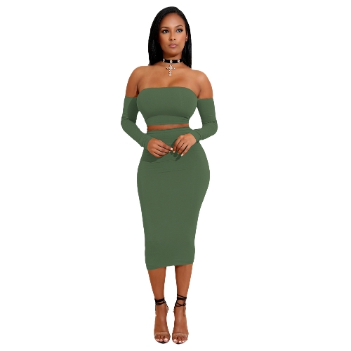 Sexy Women Two Pieces Set Off Shoulder Lace Up Back Long Sleeve Backless Crop Top Bodycon Pencil Skirt Set