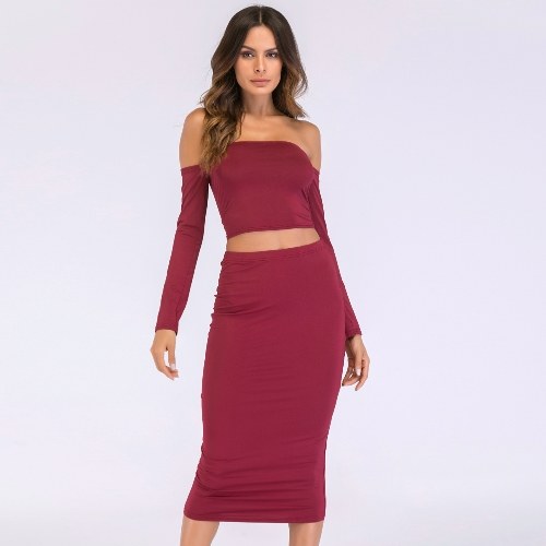 

Shoulder Lace Up Back Long Sleeve Backless Crop Top Bodycon Pencil Skirt Set