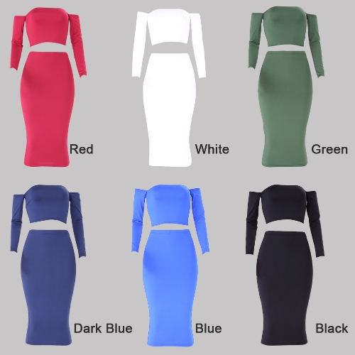 

Sexy Women Two Pieces Set Off Shoulder Lace Up Back Long Sleeve Backless Crop Top Bodycon Pencil Skirt Set