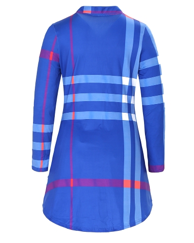 

Fashion Women Plaid Shirt Dress Roll Up Sleeves Button V-Neck Pockets Curved Hem Casual Mini Dress Shift Dress