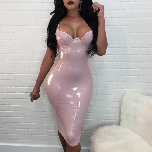 

Женщины Deep V Neck Spaghetti Strap Dress Shiny Bodycon Slim Clubwear