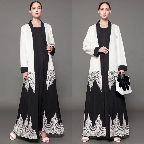 

Women Muslim Robes Floral Lace Long Sleeve Abaya Kaftan Islamic Arab Long Cardigan Large Size Belted Dress White