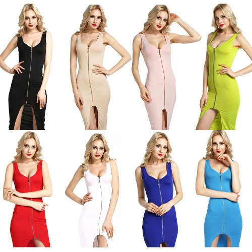 

Sexy Women Bodycon Dress Scoop Neck Sleeveless Zip Front Split Nightclub Party Pencil Tight Dress