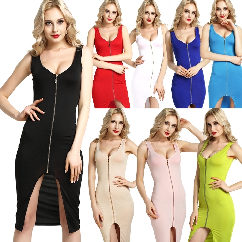 

Sexy Women Bodycon Dress Scoop Neck Sleeveless Zip Front Split Nightclub Party Pencil Tight Dress
