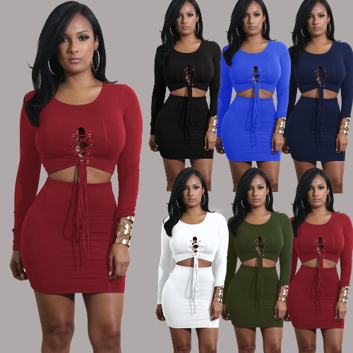 

Sexy Women Lace Up Long Sleeve 2 Piece Dress O Neck Elastic Waist Club Mini Dress Top + Skirt Set