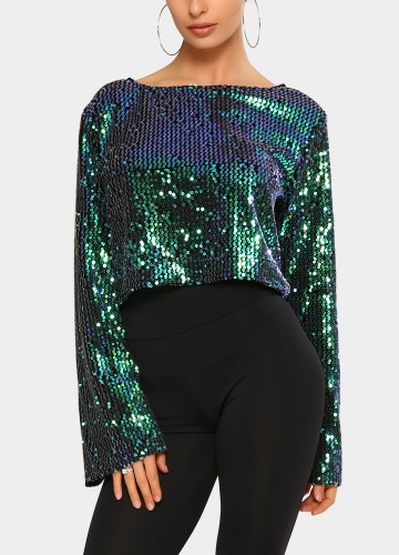 

Сексуальные женщины O шеи сверкающие Bling Sequin Flare Sleeve T-Shirt