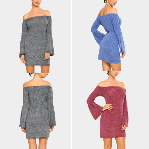 New Elegant Women Mini Bodycon Dress Slash Neck Manicotto lungo a maniche corte Tinta unita Borgogna / Blu / Grigio