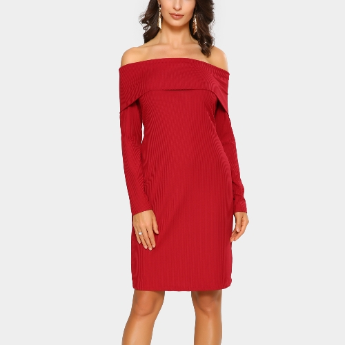 Nuove donne eleganti Bodycon Mini Overlay Slash Neck manica lunga colore solido Party Dress Borgogna / Blu Royal