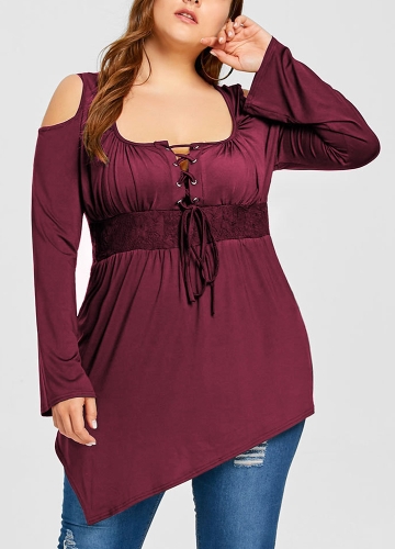 

Women Plus Size T-Shirt Lace Up Cold Shoulder Casual Shirt Top