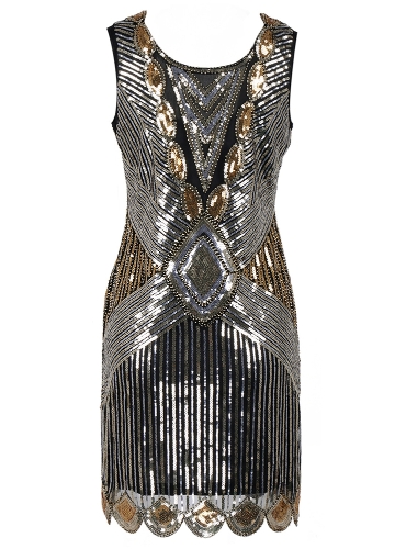 

Sexy Women 1920s Sparkling Sequin Dress O Neck Sleeveless Backless Bodycon Cocktail Evening Party Clubwear Gold/Silver