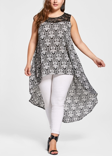 

Women Plus Size Shirt Irregular Hem Lace Splice Tunic Long Blouse Top