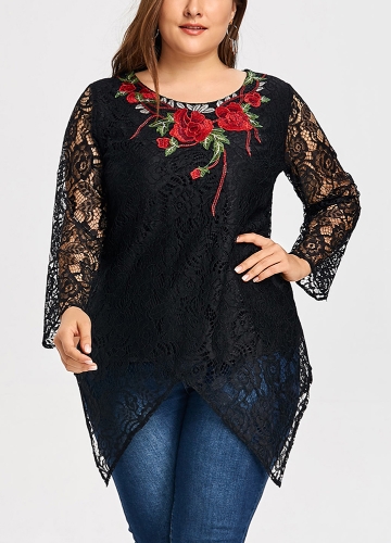 

Large Size Crochet Lace Hollow Out O-neck Long Sleeve Irregular Hem Blouse
