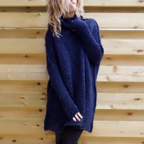 

Women Long Sleeves Knitted Sweater Turtleneck Drop Shoulder Loose Long Pullover Knitwear
