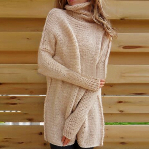 

Women Long Sleeves Knitted Sweater Turtleneck Drop Shoulder Loose Long Pullover Knitwear