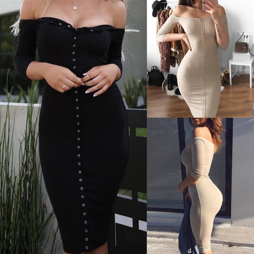 

Sexy Women Bodycon Dress Off Slice Slash Neck 3/4 Sleeves Button Party Club Mini Slim Dresses