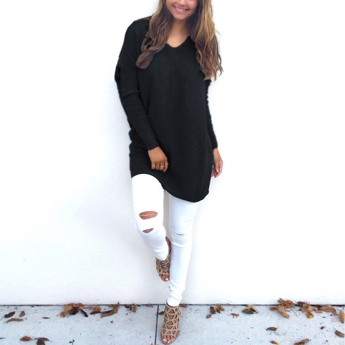 

Women Long Sleeves Solid Top V-Neck Loose Pullover T-Shirt
